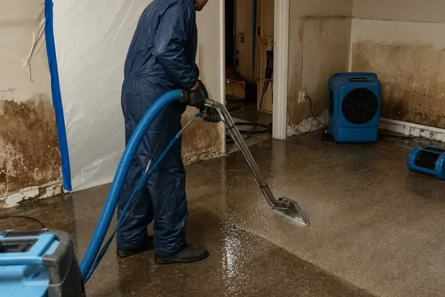 Restoration technician extracting water from the floor of a water damaged home