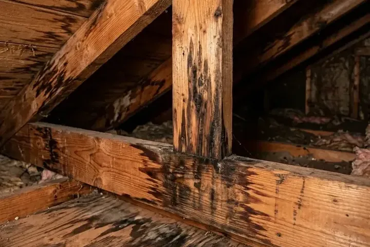 Stained rafters and roof decking in an attic after a roof leak