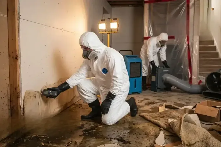 Crew in protective suits cleaning a sewage loss inside plastic containment
