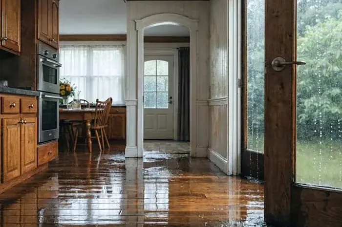 Wet wood flooring in a kitchen after water spread from a leak below
